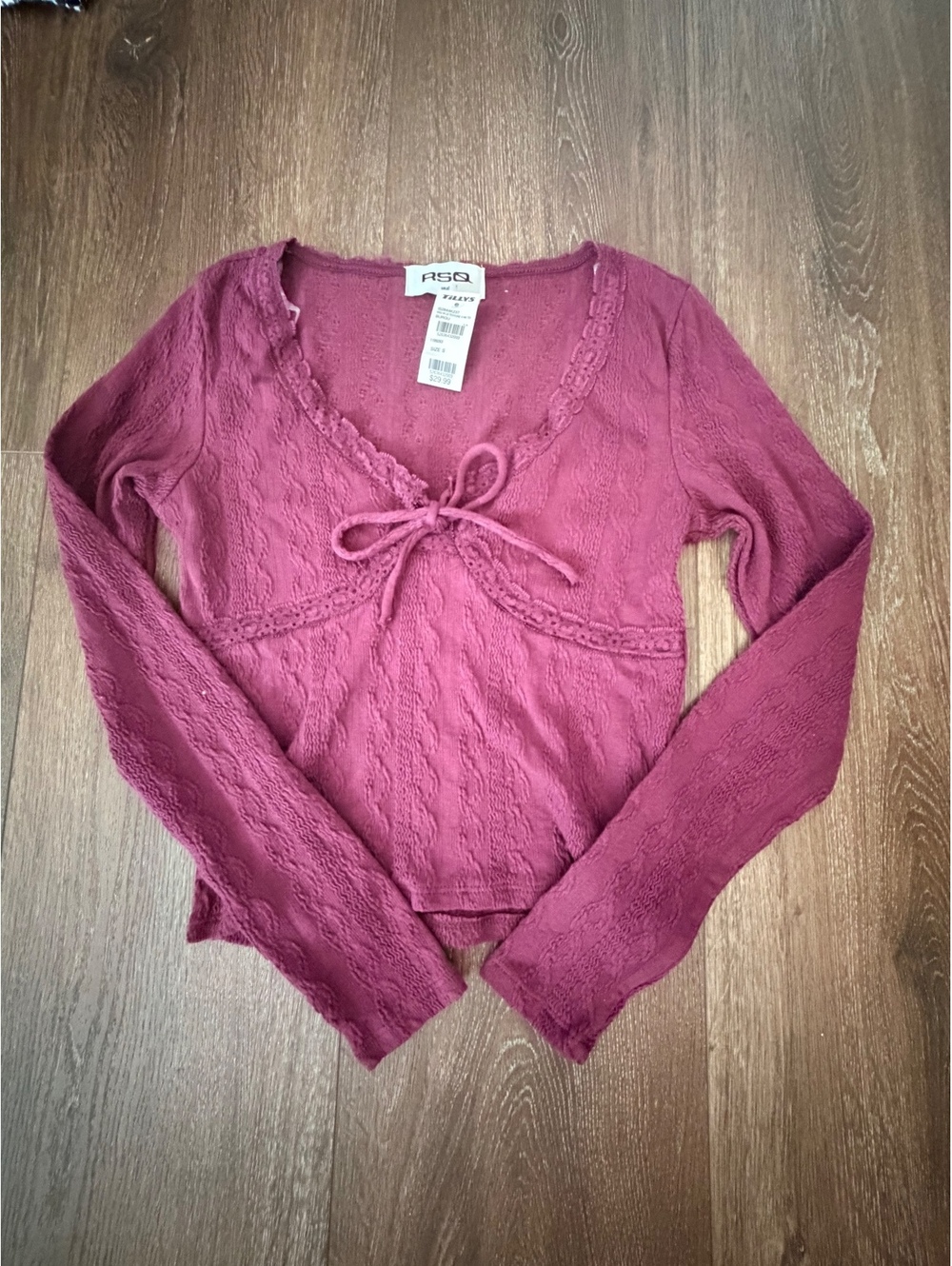RSQ Burgundy Textured Tie Front Long Sleeve Top Small NWT Y2K
